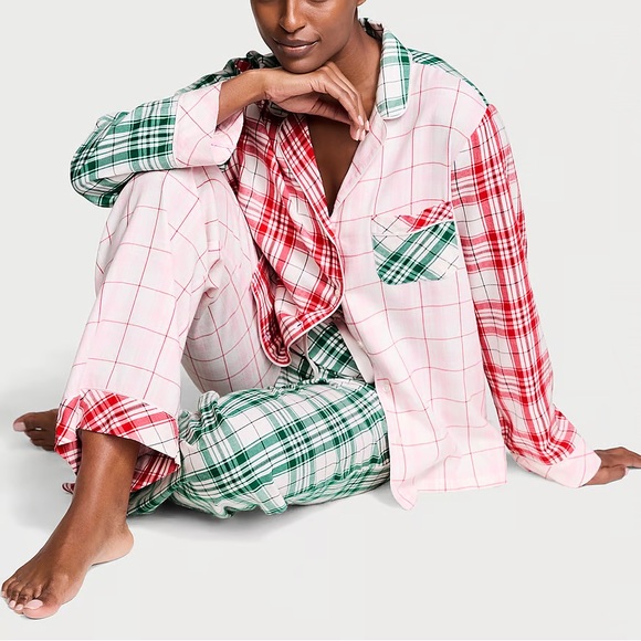 VICTORIA'S SECRET Sleep Flannel Long Pajama Set Patchwork Pink Plaid Small Long - Picture 1 of 7